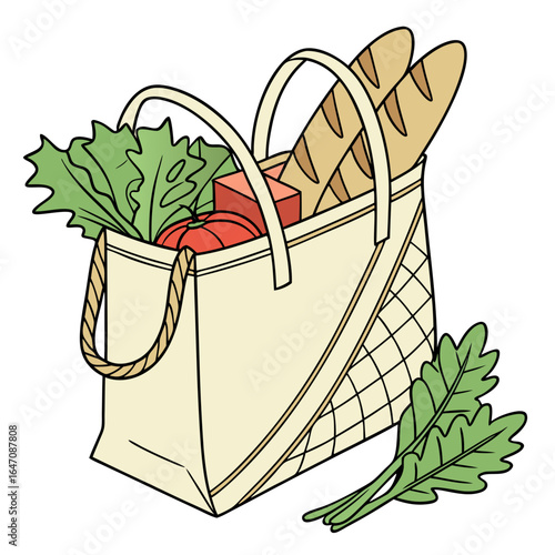 Canvas grocery bag filled with fresh produce and baguettes illustration of healthy food shopping