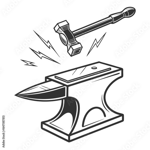 Blacksmith hammer striking an anvil with sparks flying in a vintage illustration style