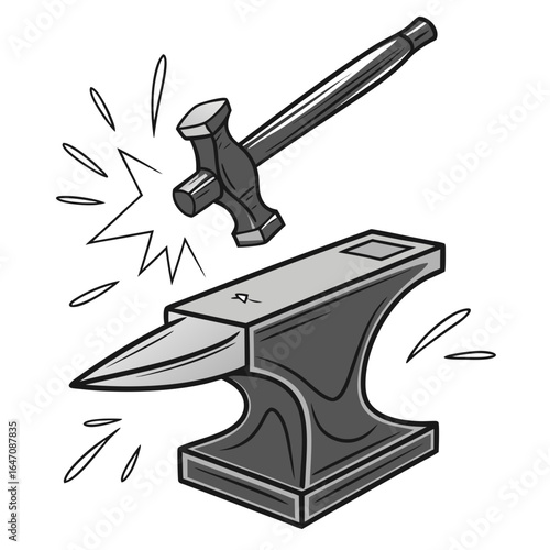 Blacksmith hammer striking anvil creating sparks and a dynamic visual effect