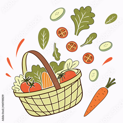 Hand drawn basket overflowing with fresh vegetables like tomatoes lettuce carrots and cucumber slices
