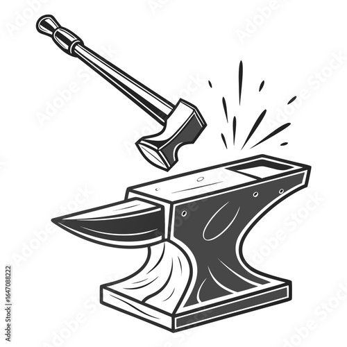 Hammer striking an anvil creating sparks in a vintage illustration style
