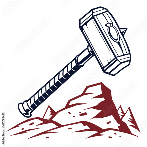 Powerful mjolnir hammer rests on rocky terrain with stylized trees in the background