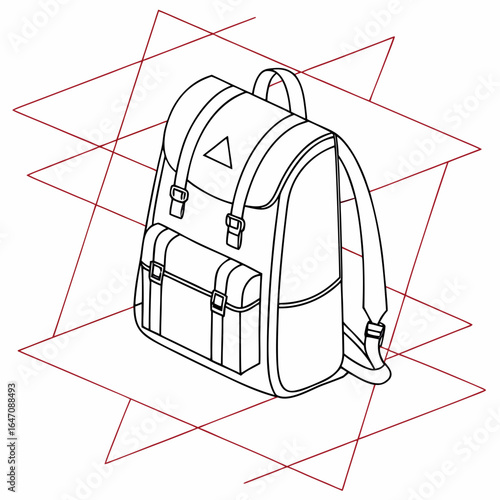 Retro style backpack with buckles and straps on a geometric background with intersecting lines