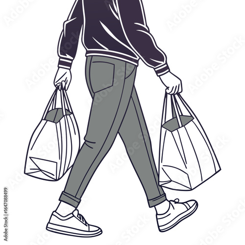 Person wearing a jacket and jeans walks with two shopping bags in each hand
