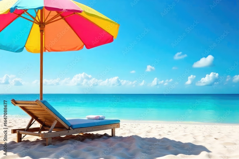 Fototapeta premium Relaxing beach scene with a colorful umbrella providing shade on a sunny day, offering a tranquil escape Perfect for summer vacation themes and travel promotions , sky, relaxation