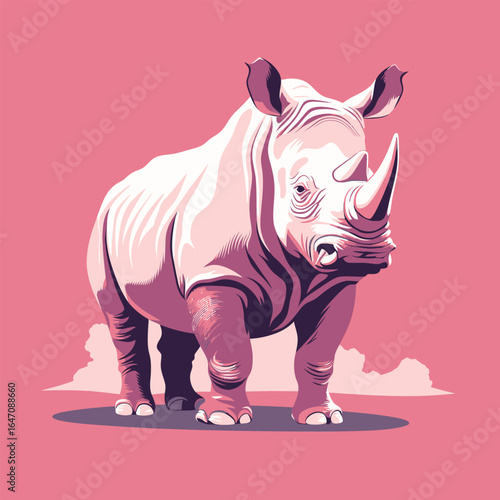 A white rhino stands majestically on top of a vast pink field, seemingly surveying its surroundings. The rhinos massive body contrasts with the soft hues of the field, creating a striking visual image