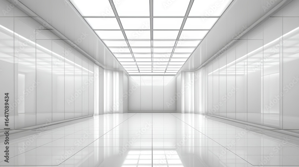 Obraz premium Modern White Corridor with Glass Ceiling and Reflective Floor
