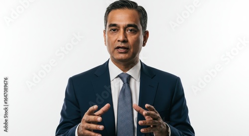 Businessman in Suit Gesturing Portrait on White Background.