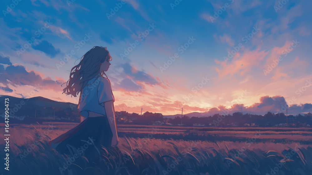 Obraz premium 黄昏に照らされた田舎の一本道を歩く少女 学生服が夕日の光を受けて輝く 懐かしさと郷愁を感じさせる穏やかな日没の情景を描いたイラスト