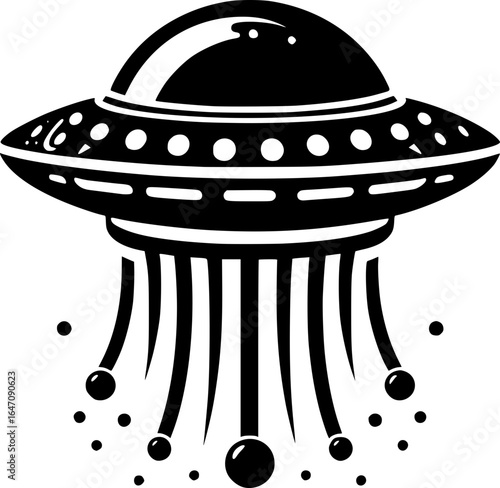 Minimalist black and white vector icon of a UFO, clean lines, isolated on white, perfect for stickers, logos, scalable and clear at small sizes.