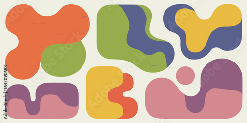 Colorful retro blob set in rounded 70s-style shapes on white background
