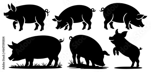 Black Pig Silhouettes Vector Illustration Set