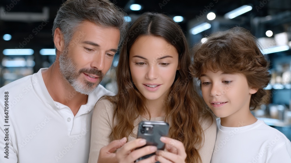 Fototapeta premium Family grocery price checking supermarket aisle family shopping scene tense environment concerned viewpoint economic worries
