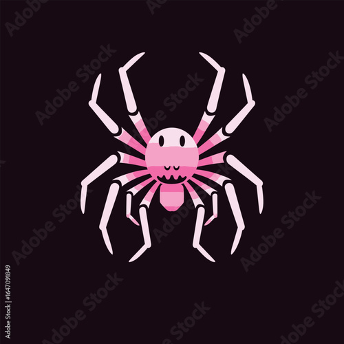 A pink spider is seen crawling on a black background. The spiders vibrant color contrasts starkly with the dark backdrop, creating a striking visual. Its legs are delicately moving as it navigates the