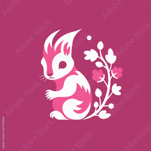 A pink and white rabbit is sitting on top of a solid pink background. The rabbit appears relaxed and attentive, with its ears perked up. The contrast between the rabbits colors and the background crea
