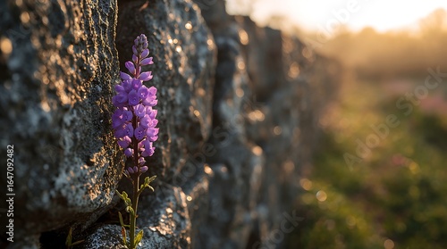 Ultra-realistic Lone purple betony on ancient dry stone wall, morning dew beads, warm soft dawn light, macro lens, extreme bokeh on wall texture and fields.