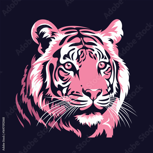 A pink tiger with black stripes stands boldly against a dark black background. The tigers bright pink fur contrasts sharply with the darkness surrounding it, creating a striking visual impact.