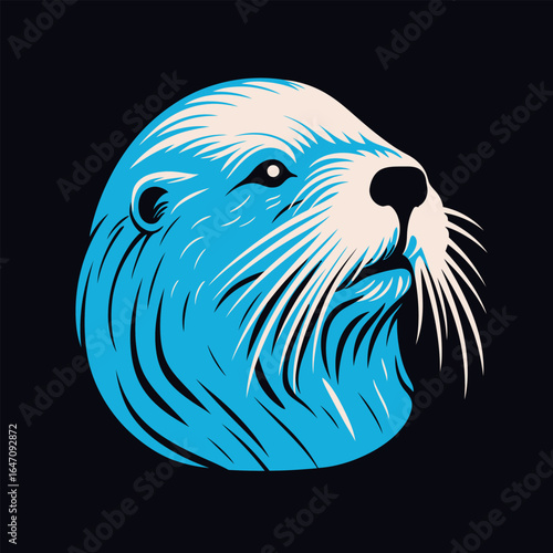 The head of a sea lion stands out against a stark black background, showcasing its whiskers, powerful jaws, and curious gaze. The contrast highlights the detailed features of the majestic sea creature