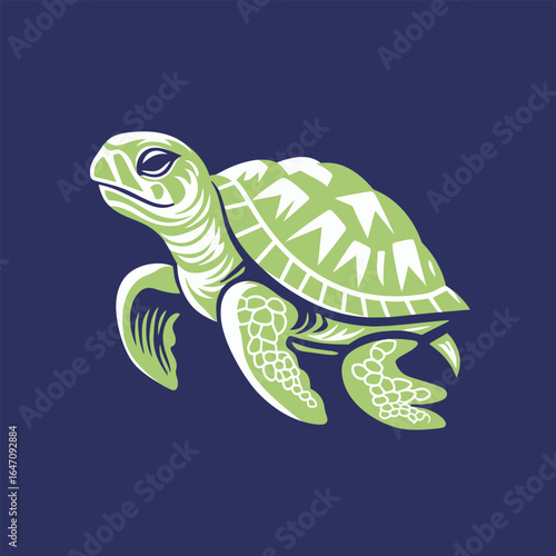 A green turtle is swimming gracefully in the vibrant blue ocean, its shell glistening under the sunlight. The turtles flippers are elegantly propelling it through the water, creating a mesmerizing sce