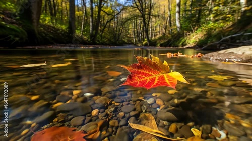 Autumnal River Scene: Red Maple Leaf Drifting Over Pebbles in Clear Water
