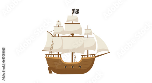 Cartoon Pirate Ship Sailing with Jolly Roger Flag on White Background