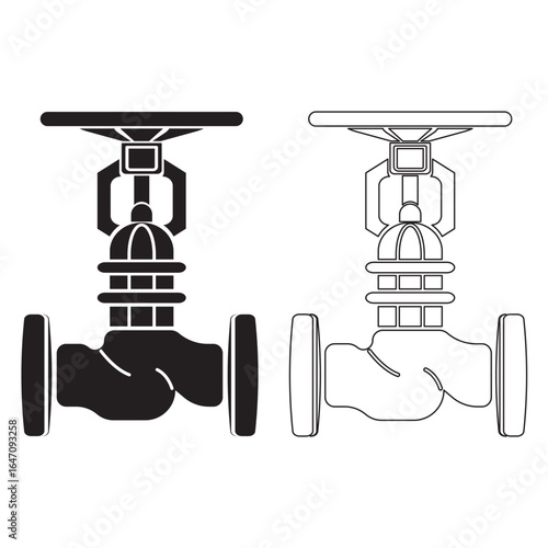 Piston valve vector icon in solid and outline styles, ideal for plumbing, engineering, industrial, water flow control, mechanical, and infrastructure system design applications.