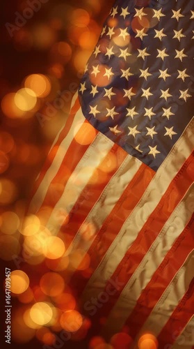 Close-up of American Flag with Bokeh Lights