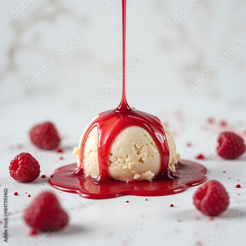 Raspberry Sauce Drizzled on Vanilla Ice Cream - Food photography wi.