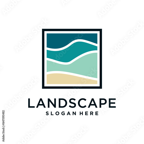 Minimalist landscape logo with abstract wavy lines