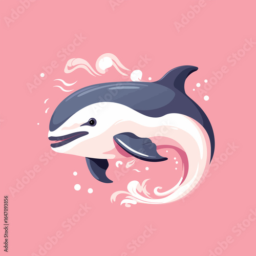 A dolphin is leaping out of the water with its body fully visible, showcasing its sleek and streamlined form. The powerful movement propels the dolphin high into the air, creating a dynamic and impres