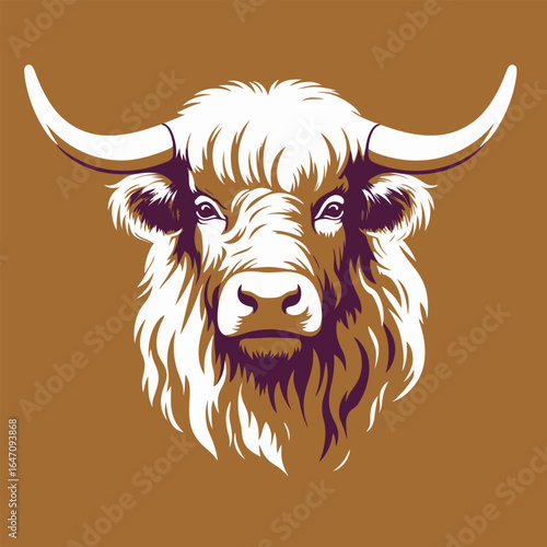 A powerful bison with strikingly long horns stands prominently against a solid brown backdrop. Its robust build and impressive appendages create a captivating visual display of strength and dominance 