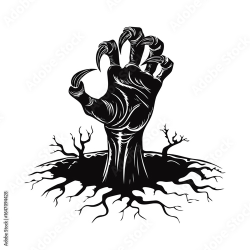 Stylized zombie hand rising from the ground, featuring a skeletal, bony appearance, ideal for Halloween graphics.