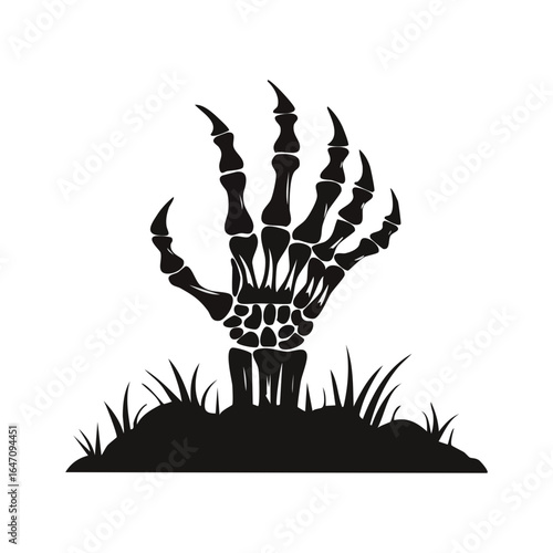 Spooky monster hand with long fingers and claws rising from the ground, a dark illustration for horror and fantasy.
