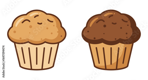 Two cute cartoon muffins one vanilla and one chocolate isolated on white