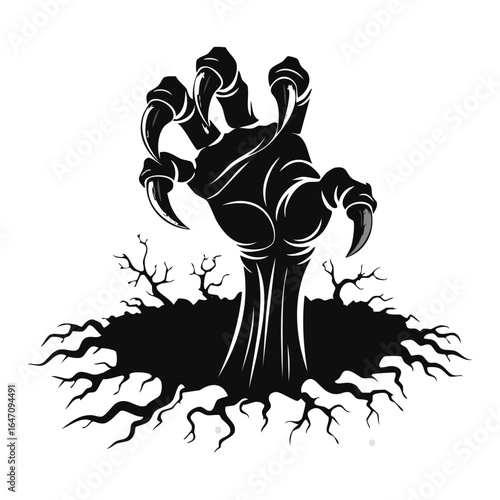 Textured illustration of a zombie hand rising from cracked earth, a detailed graphic for horror themes.