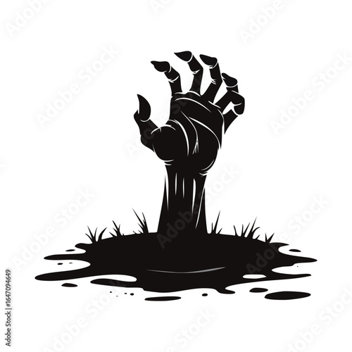 Dark silhouette of a zombie hand rising from the ground, a minimalist and spooky design for horror.