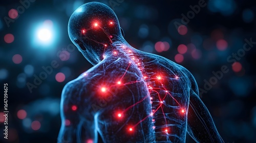 Human body with glowing red pain points on neural pathways illustrating pain or nerve stimulation,	