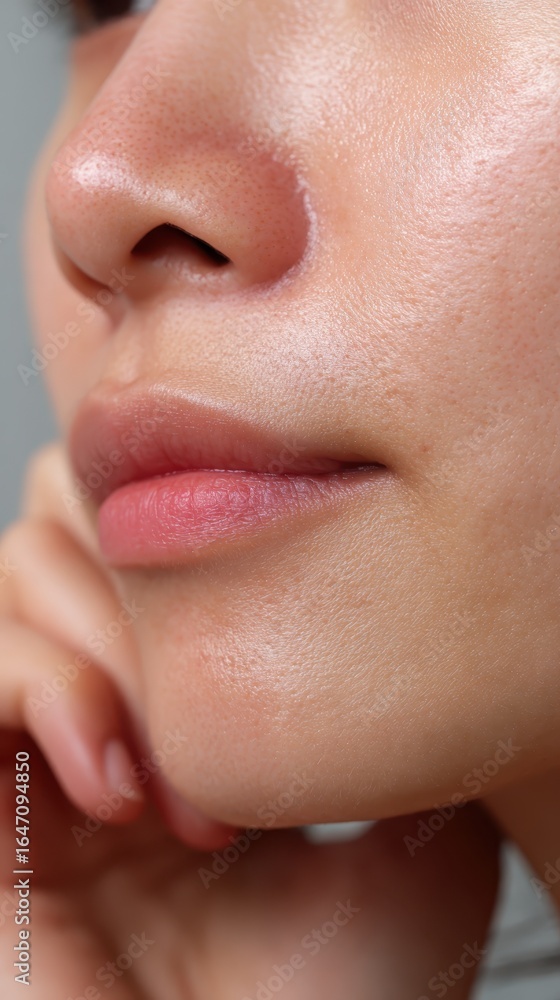 Obraz premium Close up portrait revealing luminous facial skin, natural makeup highlighting full lips and healthy glow, demonstrating youthful skincare results