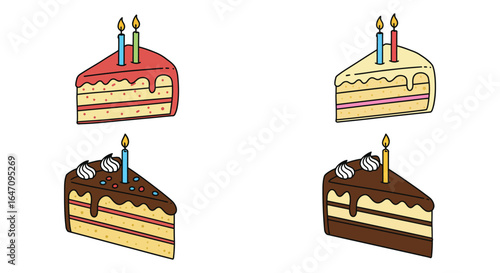 Four Delicious Birthday Cake Slice Illustrations