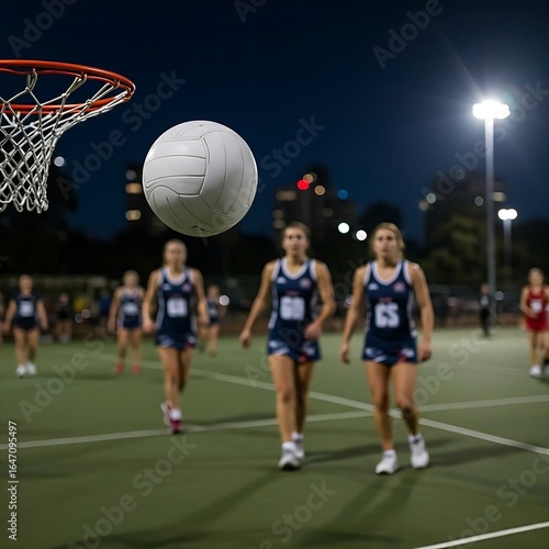 A netball player reaching for the ball during a nighttime game, with the netball hoop prominent and other players in the background, all illuminated by artificial lights, highlighting the determinatio