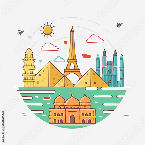 Flat vector icon set of famous landmarks including Eiffel Tower, Statue of Liberty, Taj Mahal, Great Wall of China, and Pyramids.