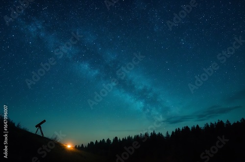 Milky Way Shines Above Dark Forest and Telescope Under Night Sky