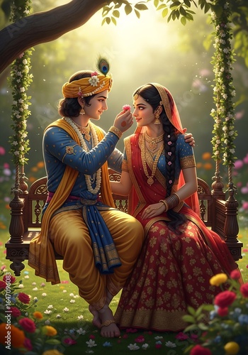 realistic, high-quality image of Radha and Krishna | Vibrant Gopalkala Dahi Handi 2025 Krishna Janmashtami Festival 