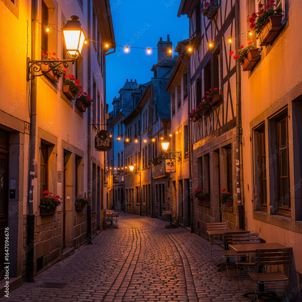 Naklejka premium European old town street, cobblestone road, warm light
