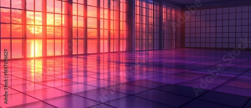 Vibrant Sunset Reflections in a Modern Room with Grid Windows and Floor