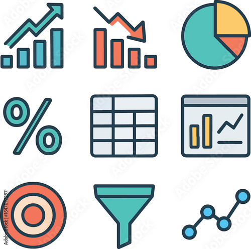 Comprehensive flat line icon set for business analytics and data visualization, featuring growth charts, decline graphs, pie diagrams, percentage symbols, sales funnels, and targets.