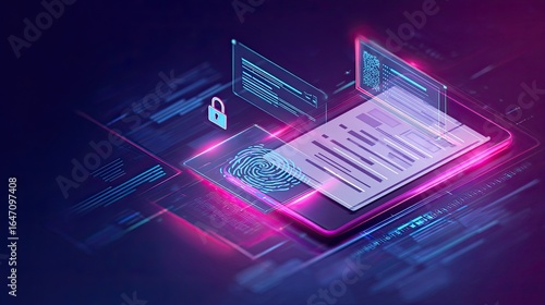 Secure digital identity verification with fingerprint scanning and data access on futuristic interface, showcasing modern cybersecurity solutions