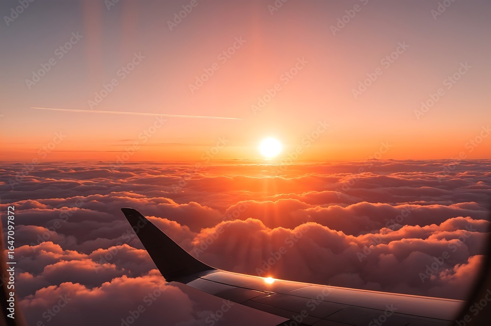 Obraz premium Fiery Orange Sunset with Airplane Wing Over Cloudscape