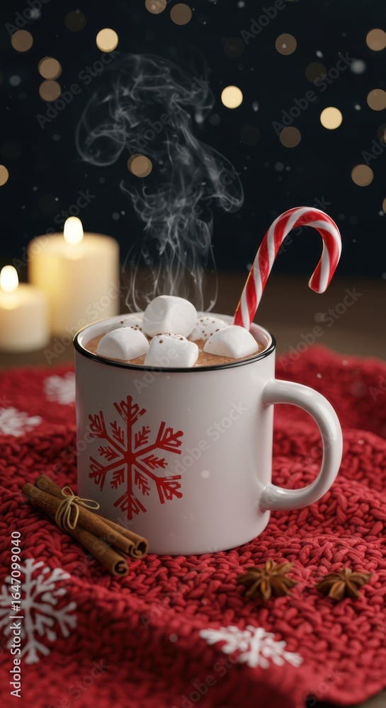 Fototapeta premium Cozy hot chocolate with marshmallows and candy cane on festive background, symbolizing holiday warmth, Christmas treats, and winter celebration in a vertical festive photo