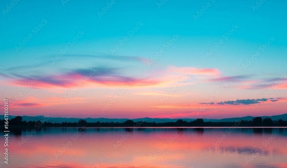 Fototapeta premium Vibrant sunset paints the sky with pink and blue hues reflecting beautifully on a tranquil lake.